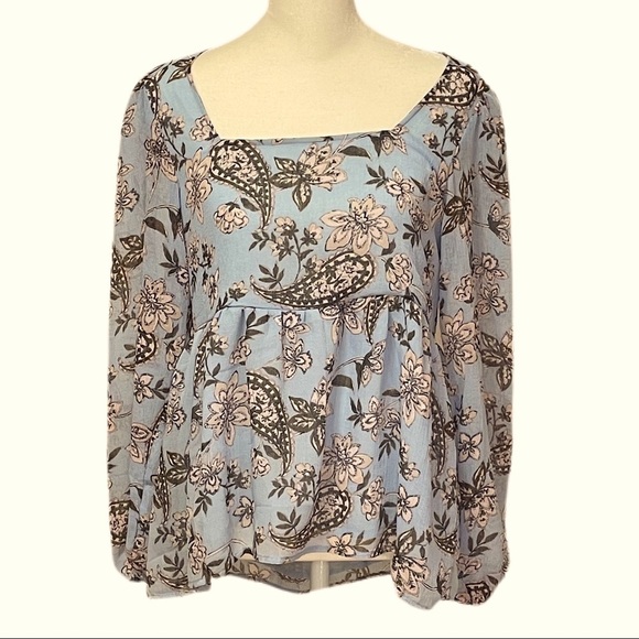 American Eagle Blouse Women’s Extra Small Blue Taupe Pink Brown Peasant Flowy - Picture 1 of 7